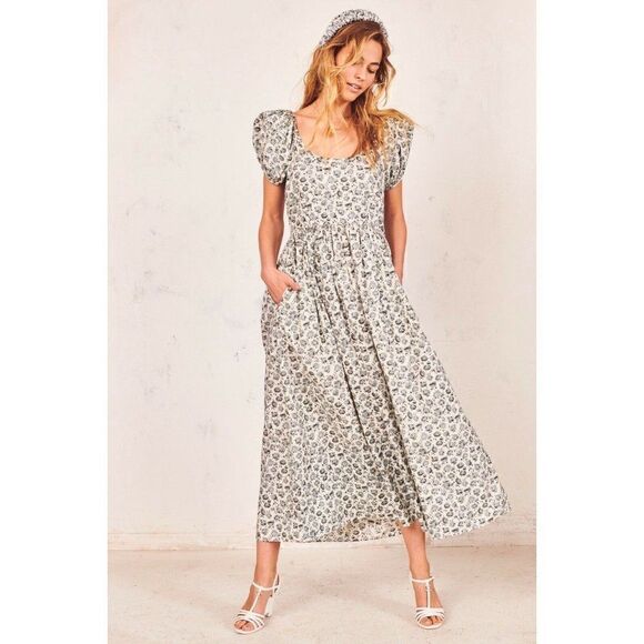 NEW LOVESHACKFANCY LAIS FLORAL PUFF SLEEVE VINTAGE POPLIN DRESS WARM GREY